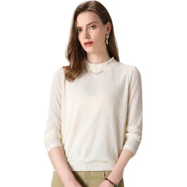 粉红玛琍 纯色立领宽松套头针织衫 女款 杏色