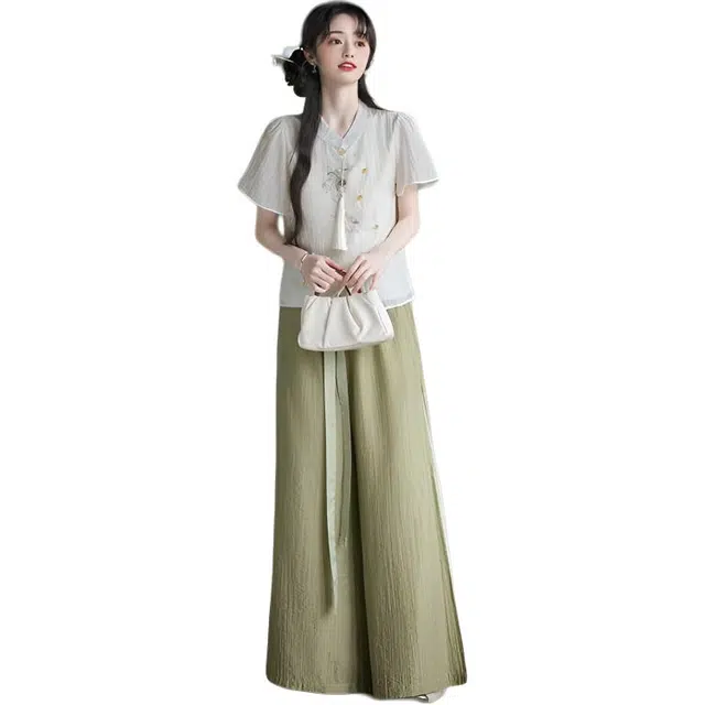 丝絮丝绸 新中式国风刺绣上衣汉元素简约百搭阔腿裤裙装套装 女款