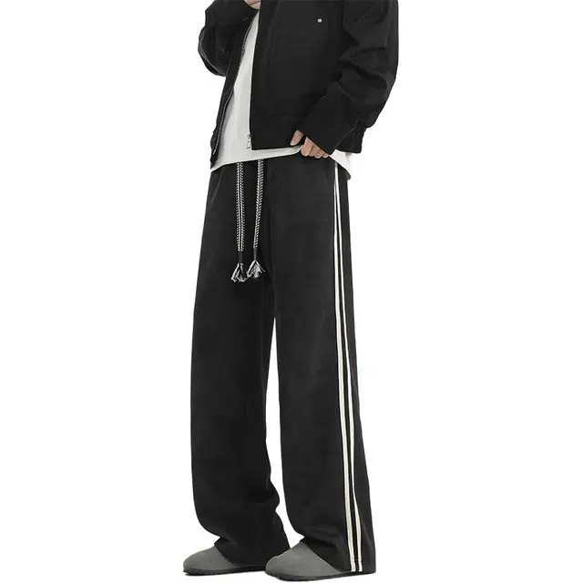 么宁 条纹脏脏裤美式高街潮牌设计感宽松直筒舒适透气百搭痞帅弹力运动休闲裤 男款