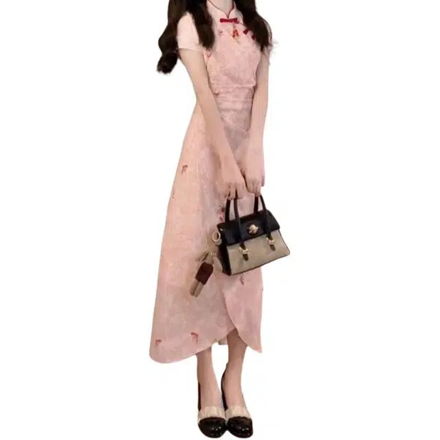 黛尔佳人 新中式国风褶皱气质夏季收腰显瘦改良短袖连衣裙 女款