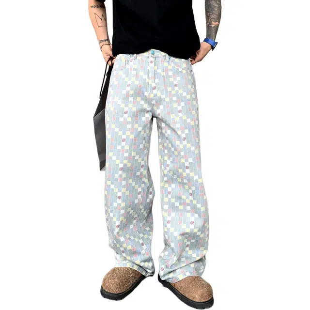 帝狼牛 潮牌宽松直筒水洗马赛克休闲舒适牛仔裤  男女同款