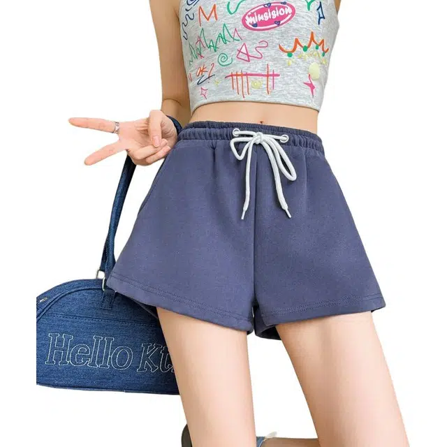 缪斯的诱惑 松紧高腰抽绳运动裤女夏季美式复古宽松外穿阔腿裤热裤休闲短裤 女款