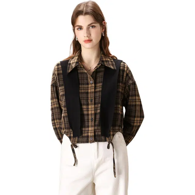 粉红玛琍 时尚休闲格纹翻领宽松单排扣长袖衬衫 女款 咖格