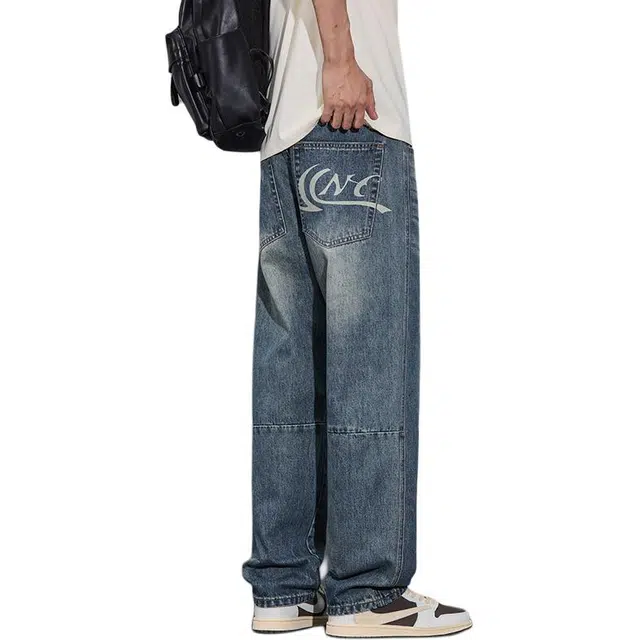 么宁 个性印花美式高街复古水洗拼接宽松直筒设计感简约百搭潮流时尚舒适透气痞帅休闲牛仔裤 男女同款