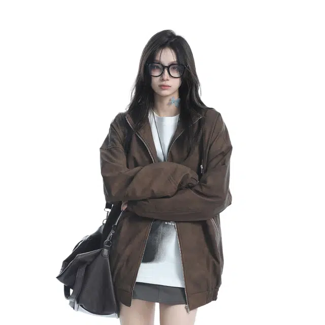 玉儿恋 美式纯色复古翻领小众宽松夹克外套 女款