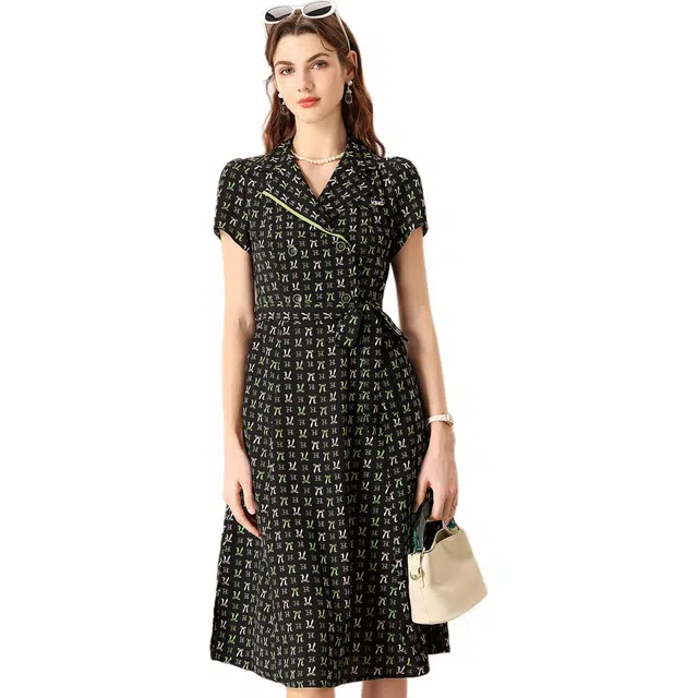 粉红玛琍 满印中长款西装领舒适休闲短袖连衣裙 女款 绿色