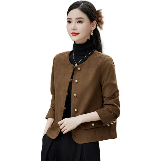 杭依阁 时尚复古美拉德圆领百搭短款夹克外套 女款 棕色