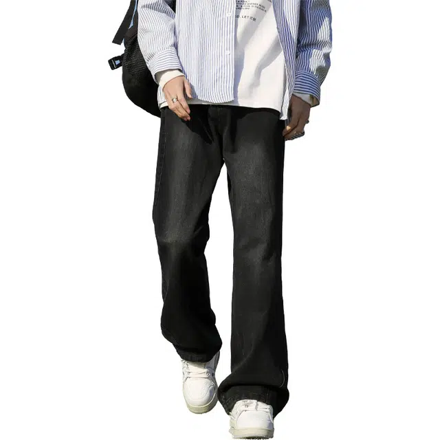 八哥 美式复古高街水洗做旧磨白简约基础款中腰直筒宽松百搭校园日常通勤亲肤舒适牛仔裤 男女同款