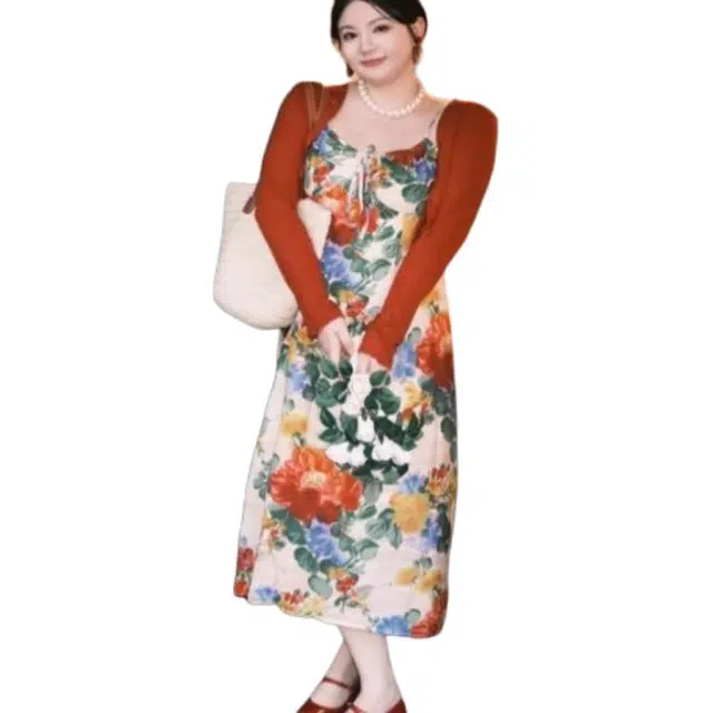 哒头下雨不愁 显瘦修身花色常规一字领高腰长裙裙装套装 女款