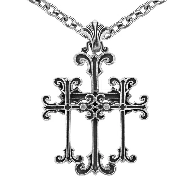 【免费刻字】 白木黑冰 花影十字架 高级感新中式原创设计 银合金 项链 男款 礼盒