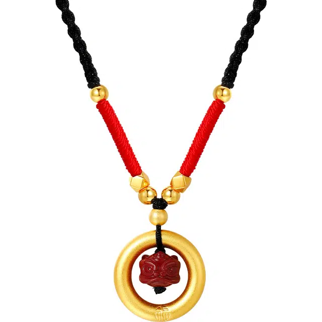 秦福炫 平安扣编绳设计感国潮小醒狮 再造辰砂朱砂 玉石项链 女款