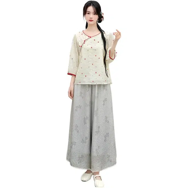 丝絮丝绸 新中式复古文艺设计上衣搭配时尚阔腿裤裙裙装套装 女款