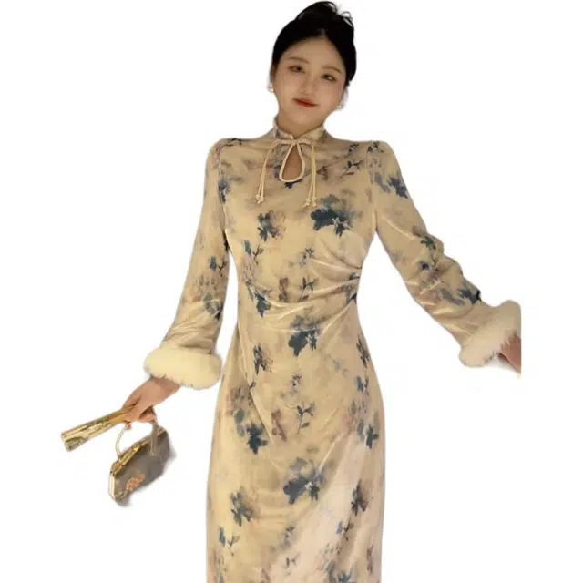 哒头下雨不愁 新中式大码旗袍领长袖连衣裙 女款