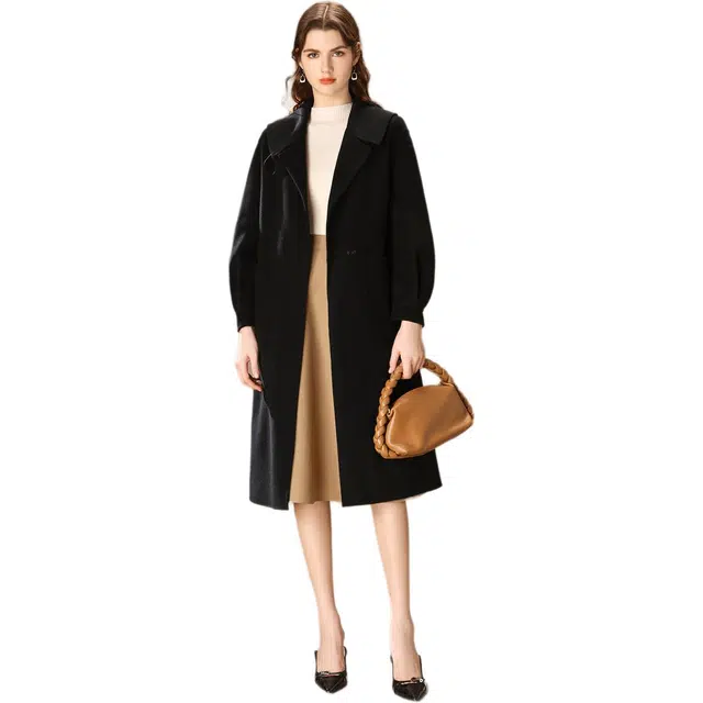 粉红玛琍 纯色中长款高腰西装领长袖大衣 女款 黑色