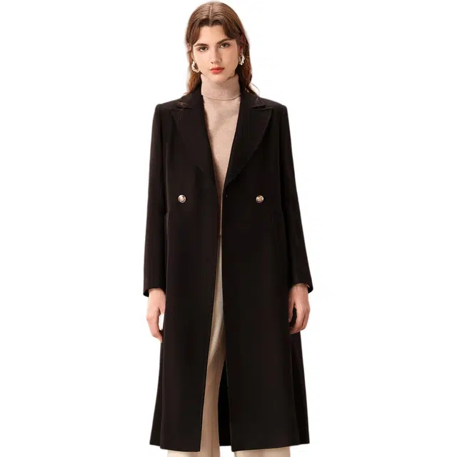 粉红玛琍 纯色中长款西装领长袖大衣 女款