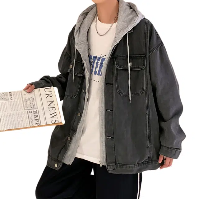 玉儿恋 韩版潮流日系港风潮流假两件连帽宽松夹克外套 男款