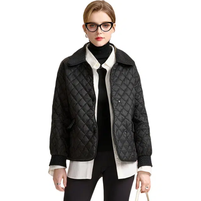 粉红玛琍 纯色宽松薄款翻领长袖棉服 女款