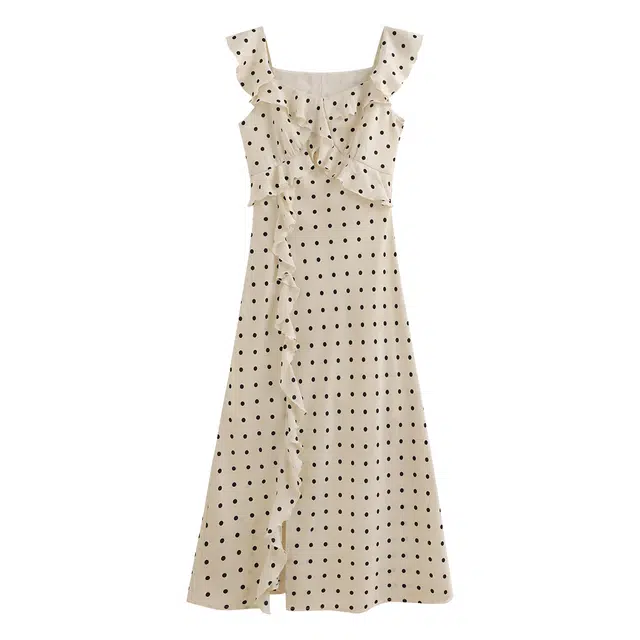 花栗鼠小姐 罗马假日 法式甜美波点荷叶边设计浪漫氛围感优雅精致时尚舒适百搭收腰显瘦无袖连衣裙 女款