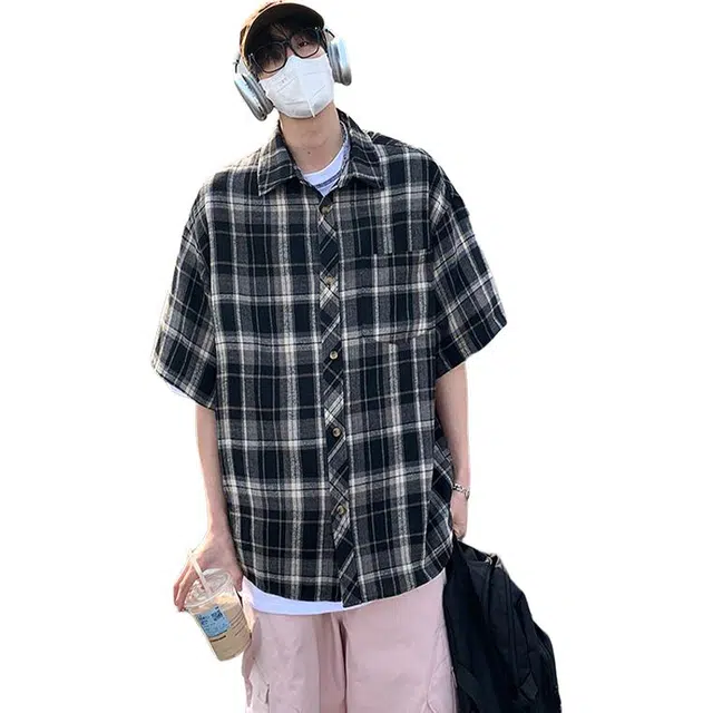 佐菲利 夏季美式格子短袖潮流百搭宽松学生帅气时尚防晒衬衣外套衬衫 男女同款