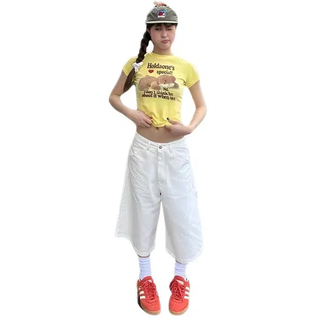 天才小熊 潮流时尚美式复古街头休闲裤辣妹阔腿直筒宽松设计感百搭七分裤牛仔短裤 女款