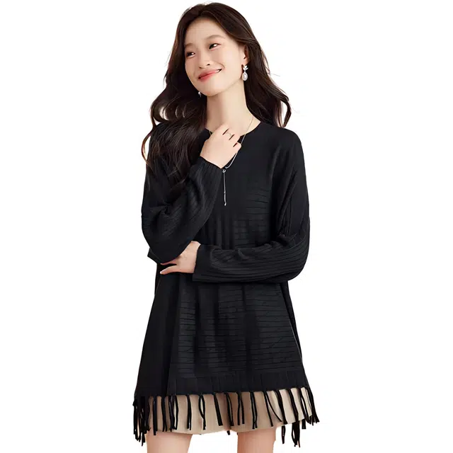 曲韩 套头纯色简约毛衣 女款 黑色