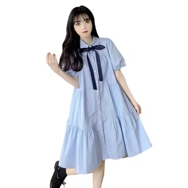 哒头下雨不愁 韩版宽松遮肚子夏季显瘦学院风短袖连衣裙 女款