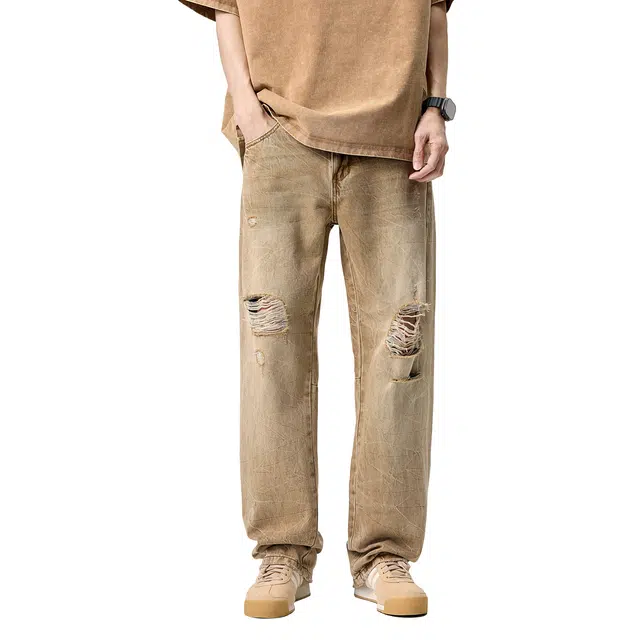 帝狼牛 时尚复古做旧高街直筒破洞牛仔裤 男女同款