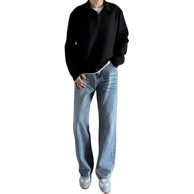 单爵 美式复古宽松直筒薄款做旧高街垂感潮牌牛仔裤 男女同款