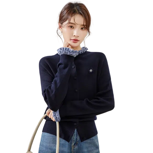 曲韩 高品质休闲时尚开衫显瘦圆领长袖针织衫 女款 蓝色