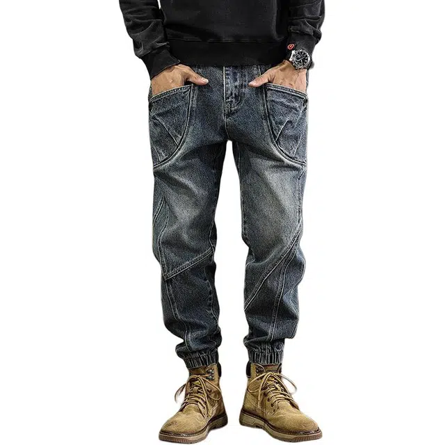 遨宇 美式街头复古水洗做旧石磨机能重磅牛仔裤男潮牌束脚拼接哈伦休闲长裤工装裤 男女同款