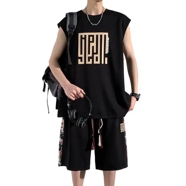 顶峰保罗 新中式国潮冰丝健身篮球无袖坎肩圆领短袖背心短裤一整套无性别主义弹力松紧腰显高宽松加肥加大舒适百搭休闲运动套装 男女同款