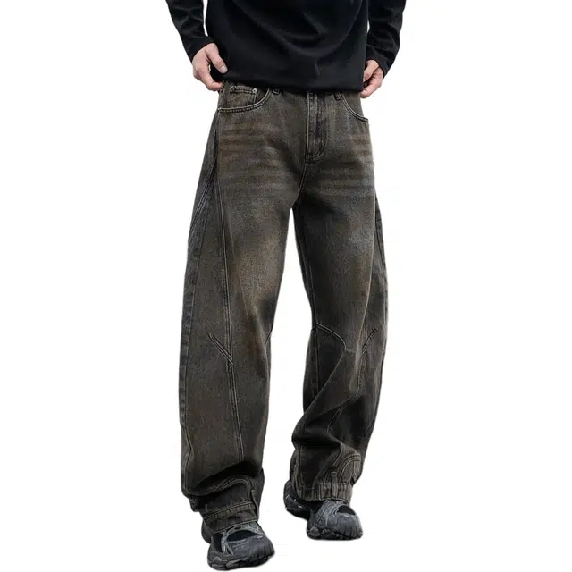 宝米卡 美式倒装水洗裤子阔腿高街痞帅裤子牛仔裤 男女同款
