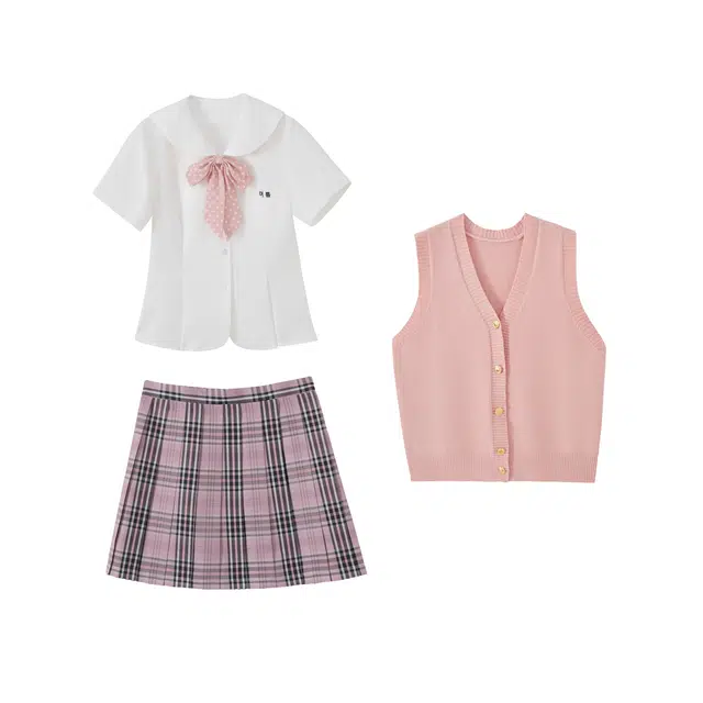 花山家的猫 可爱风日常刺绣收腰显瘦衬衫纯色针织马甲格子百褶裙制服 女款