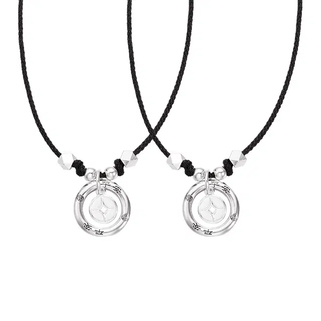 华髻 镂空新中式复古国潮民族风一对轻奢小众设计平安扣铜钱手工编国风钱币平安扣环环相扣精致礼盒装 合金 项链 男女同款情侣款