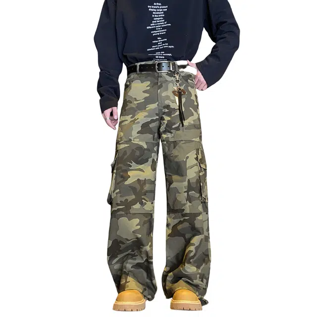 加荣 美式复古迷彩大口袋青少年户外出行通勤百搭炸街甜酷辣妹宽松直筒垂感阔腿裤工装裤 男女同款