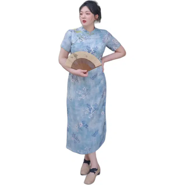 哒头下雨不愁 微胖大码印花灯笼袖短袖斜领旗袍 女款 蓝色