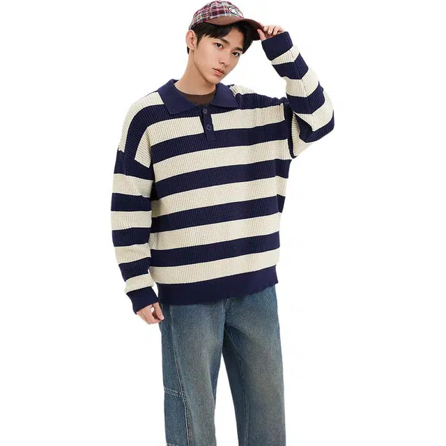 三福 趣味美式宽松横条翻领套头长袖针织衫 男款