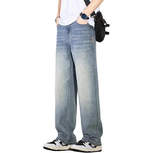协协乐 复古薄款凉感透气宽松直筒阔腿垂感休闲运动百搭长裤子牛仔裤 男款