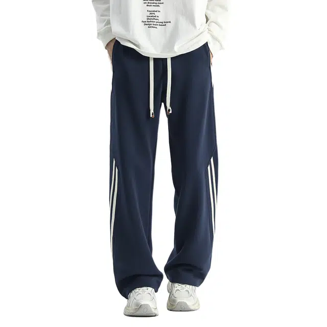 地界二 秋季潮牌美式宽松直筒拼接抽绳长裤休闲裤 男女同款