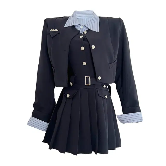 识恩 学院风舒适简约上衣条纹长袖内搭简约纯色短裙裙装套装 女款