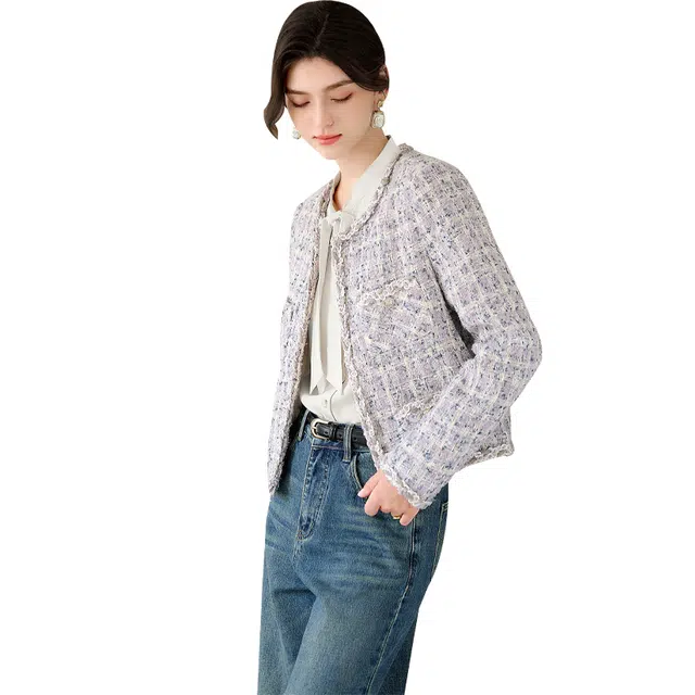 她池 小香风圆领气质优雅短款宽松截短外套 女款 紫色格纹