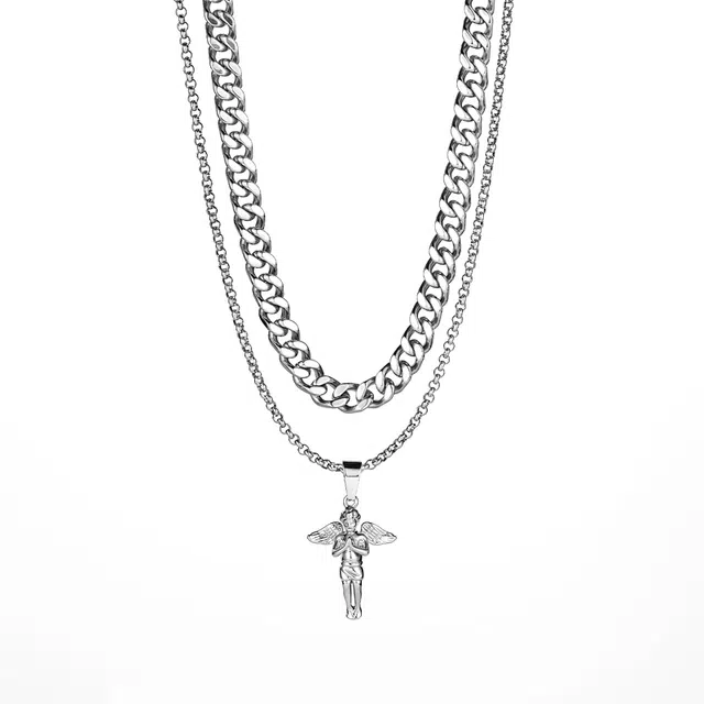 芊淑歆 双层设计天使潮牌嘻哈冷淡风小众风格设计潮流个性吊坠潮牌 钛钢 项链 男款