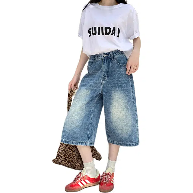 徐百货 美式夏季薄款宽松七分裤直筒百搭中裤潮流牛仔短裤 男女同款