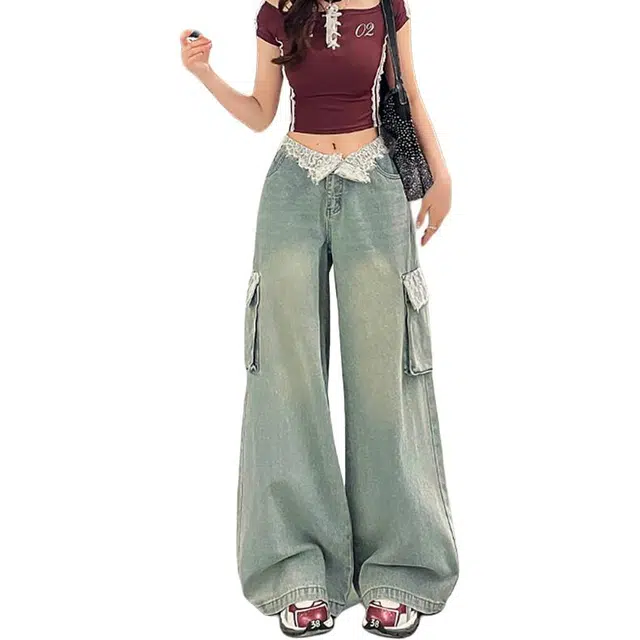 如续 雷丝花边工装裤辣妹风潮流阔腿裤长裤.加长牛仔裤 女款