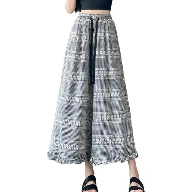 水中花 时尚复古格子图案木耳边阔腿裤高腰显瘦宽松裙裤透气舒适休闲裤 女款