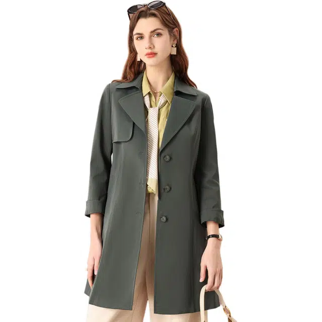 粉红玛琍 简约纯色长袖风衣 女款 绿色