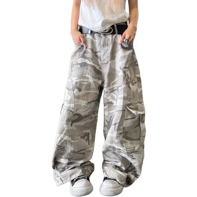 颂希尔 美式街头迷彩宽松休闲长裤直筒阔腿裤高腰工装拖地潮牛仔裤 男女同款