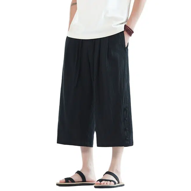 佐菲利 宽松阔腿裤新中式中国风装棉麻七分裤沙滩休闲短裤 男女同款