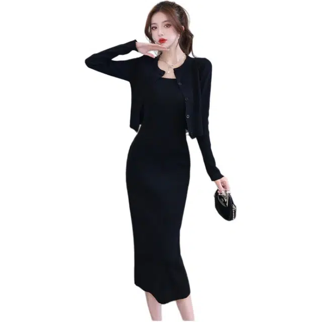 敲模女孩 法式纯欲风吊带高级感气质修身包臀长裙搭配时尚小众开衫两件套针织裙装套装 女款