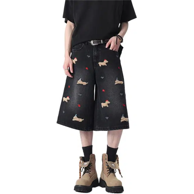 沃马 美式高街水洗做旧宽松刺绣时尚百搭复古重工流行潮牌牛仔短裤 男女同款